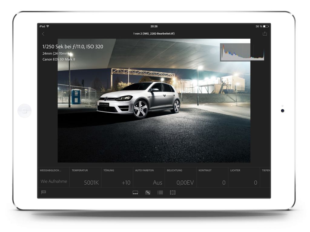 Bearbeitungsfenster in der Adobe Lightroom Mobile App für das iPad
